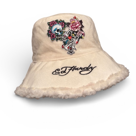 Ed Hardy Accessories - Ed Hardy Cream Bucket Hat with Embroidered Skull and Flowers NEW
